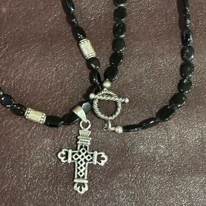 Black tourmaline and sterling cross necklace